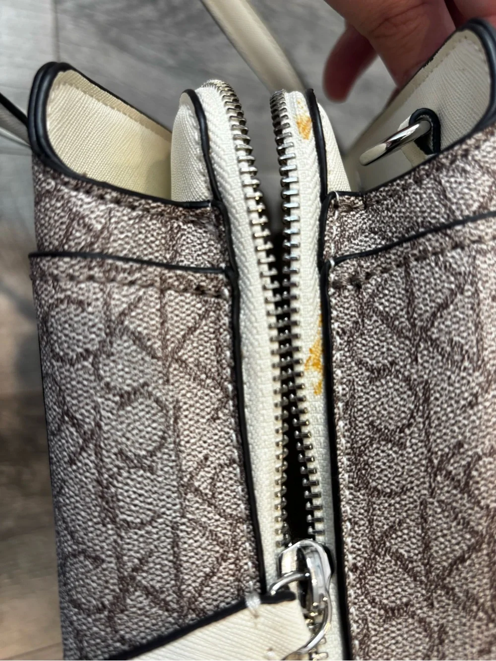 Calvin Klein Cream and Brown Logo-Print Satchel